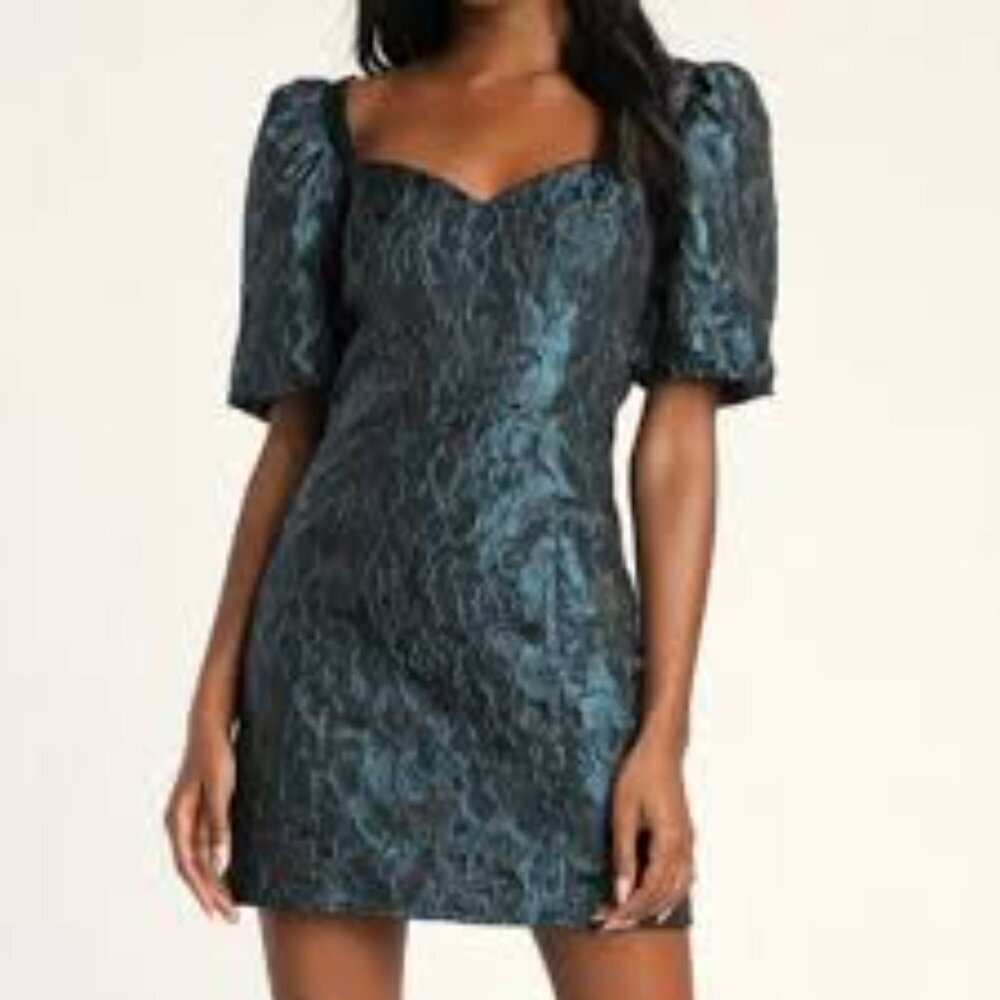 ✅NWT Lulus Beyond Amazing Dark Teal Floral Jacquard Puff Sleeve Dress Size Small